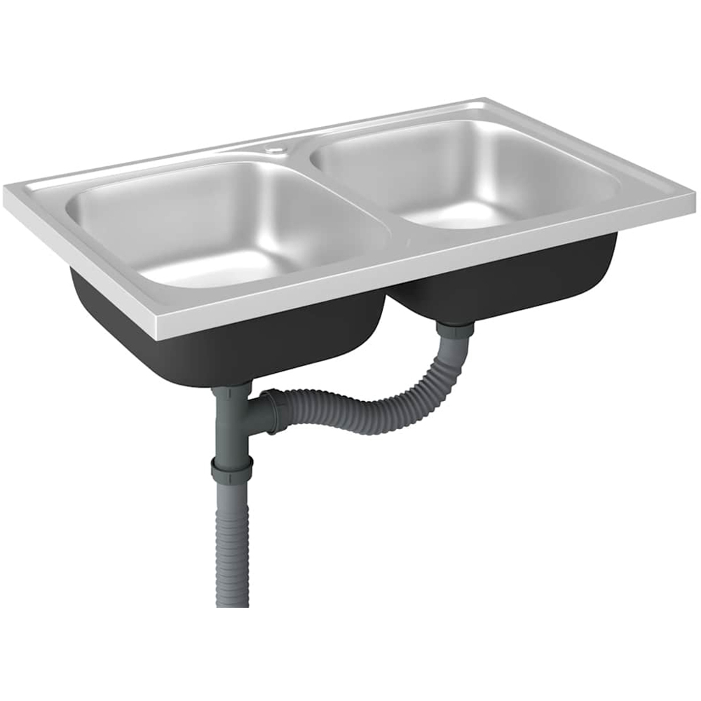vidaXL Silver Stainless Steel Kitchen Sink with Double Basin and Drainer Set 800 x 500 x 155mm Image 3