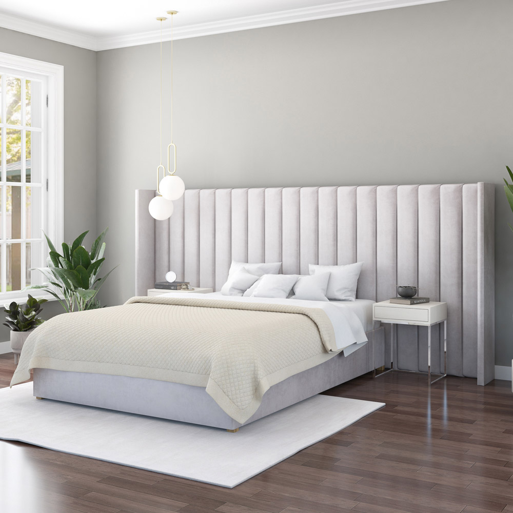 Aspire Furniture Grandeur Light Silver Plush Velvet Wing Headboard Image 2