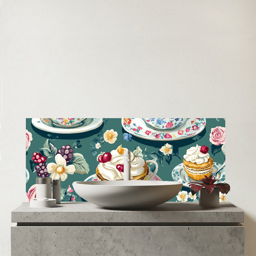 Warren Reed Designer Vintage Tea Party Glass Bathroom Splashback 25 x 60cm Image 1