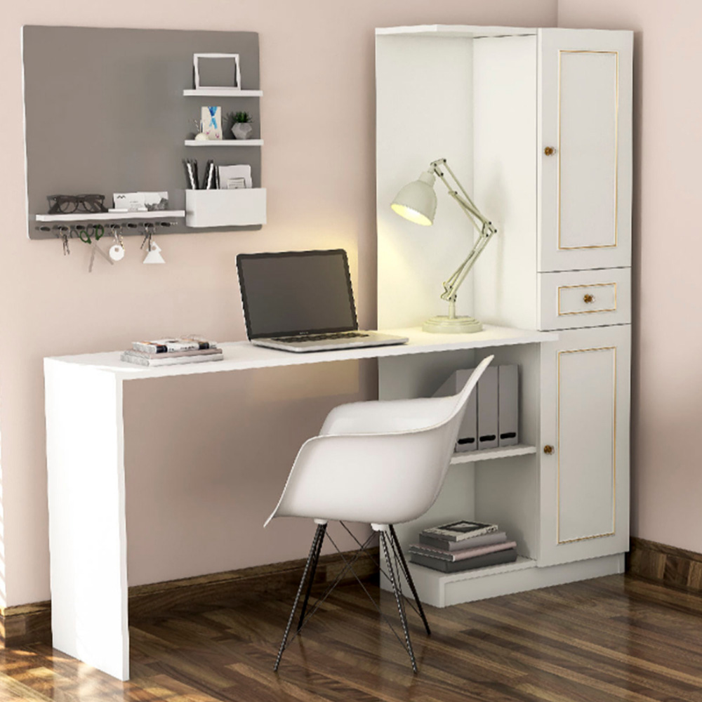 Evu MARIE 2 Door Single Drawer Home Office Desk Gold and White Image 1