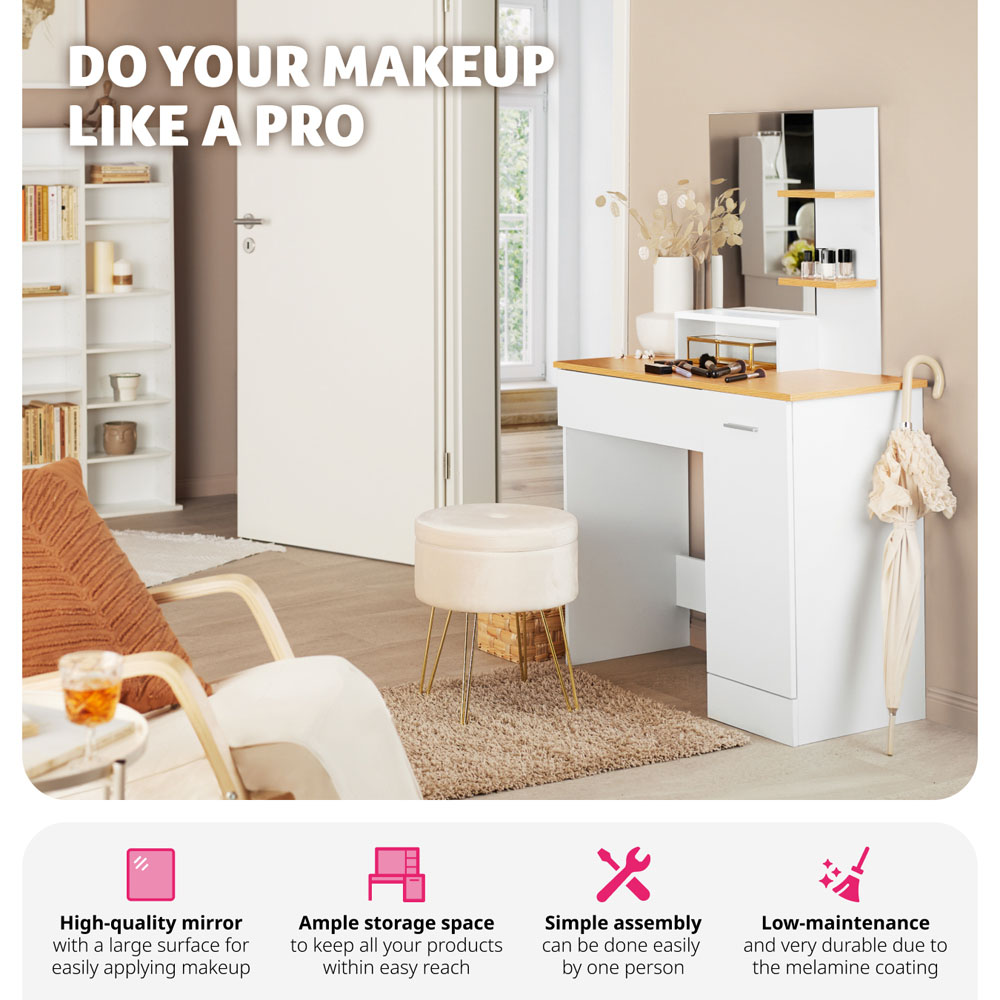 tectake Zoe Single Door Single Drawer 3 Shelf White and Beech Dressing Table Set with Mirror Image 3