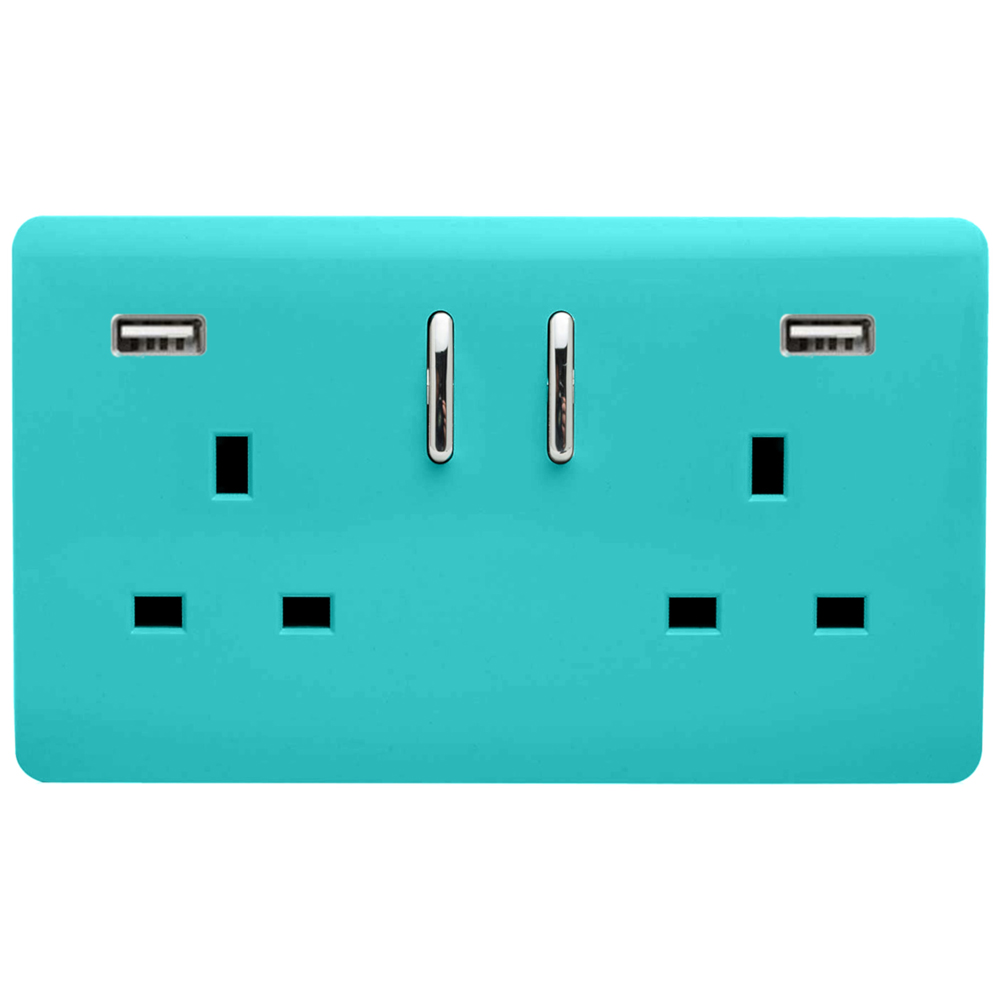 Trendi Switch 2 Gang 13amp 2 Port USB Bright Teal Switched Plug Socket Image 1