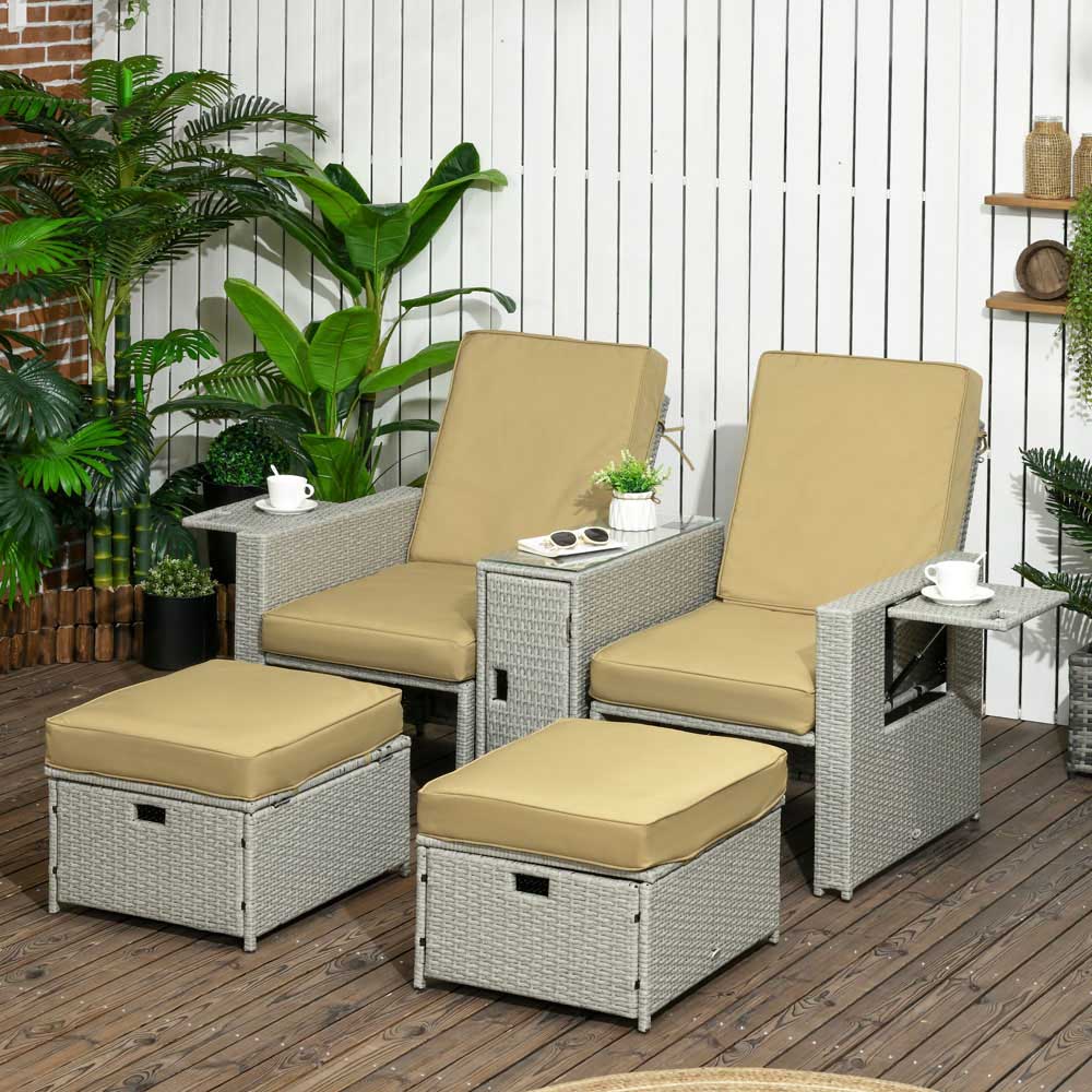 Outsunny 5 Piece Beige PE Rattan Sun Lounger Set Image 1