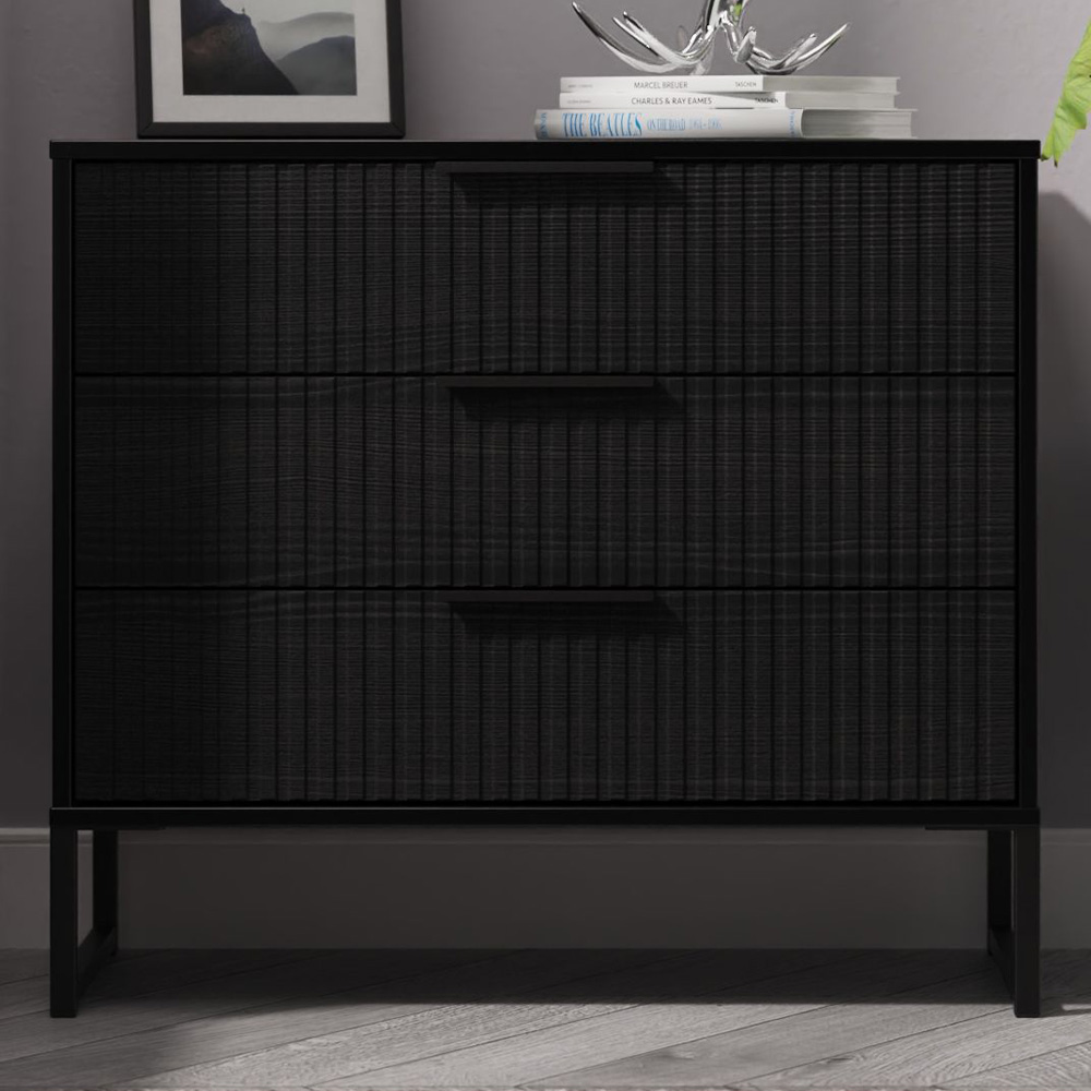 Crowndale Fluted 3 Drawer Black Ash Chest of Drawers Ready Assembled Image 1