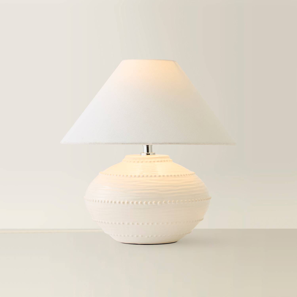 ValueLights Tibby White Conical Shade Cream Bobble Textured Ceramic Table Lamp with Bulb Image 3