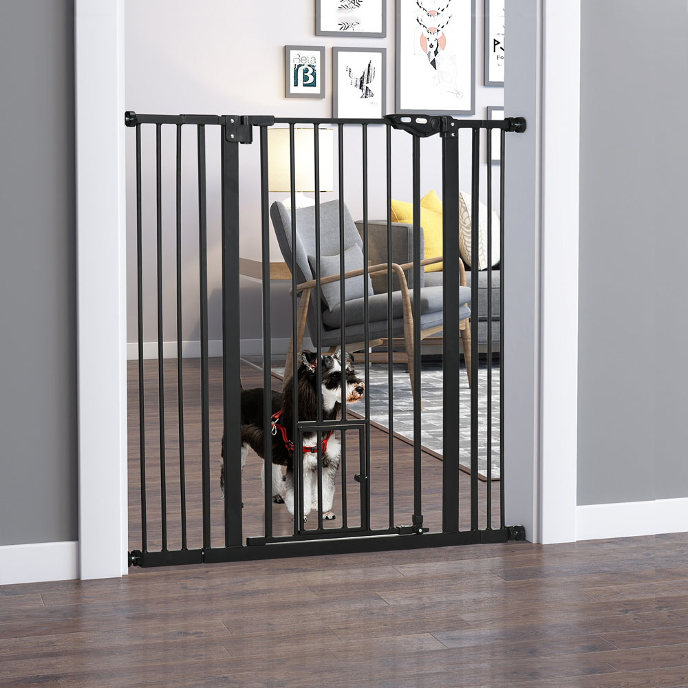 PawHut Black 74-101cm Wide Extra Tall Pet Safety Gate with Cat Flap Image 2