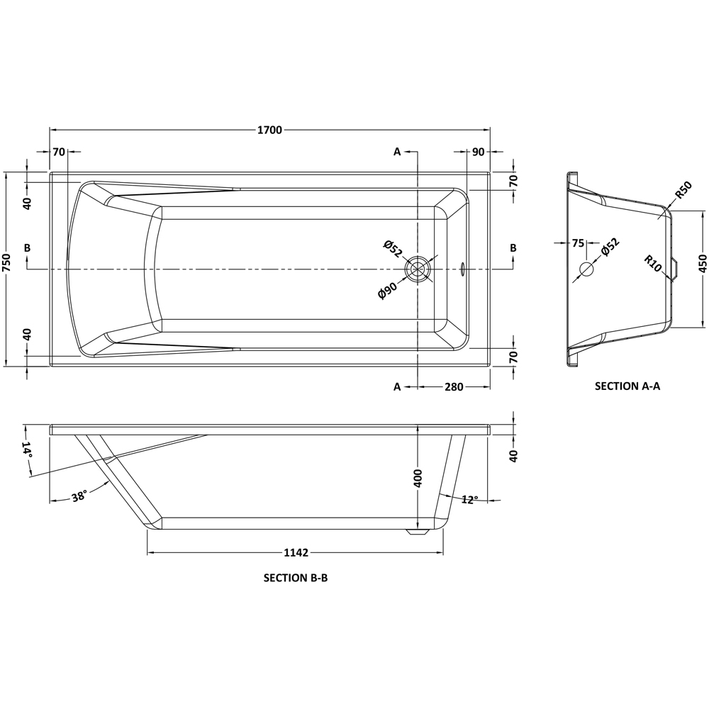nuie Linton White Acrylic Square Single Ended Bath 1700 x 750mm Image 3