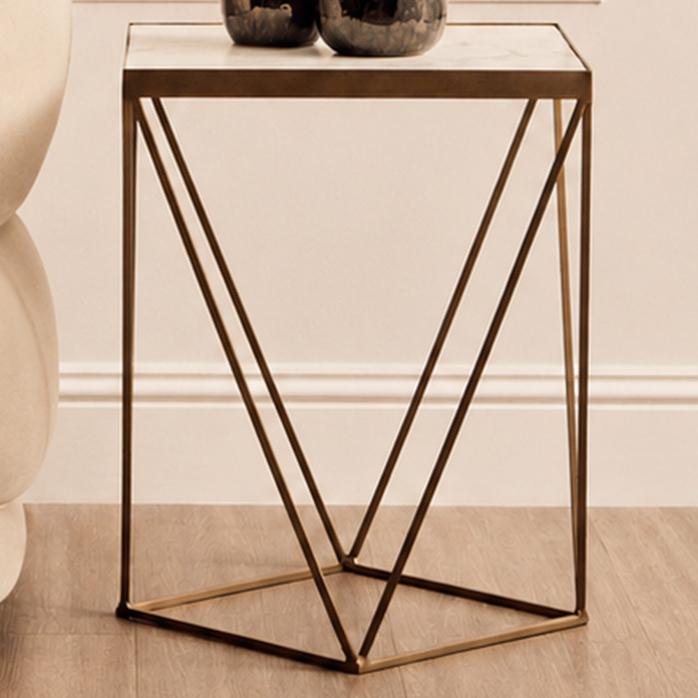 Premier Housewares Shalimar Gold Finish Geometric Square Side Table with Marble Top Image 1