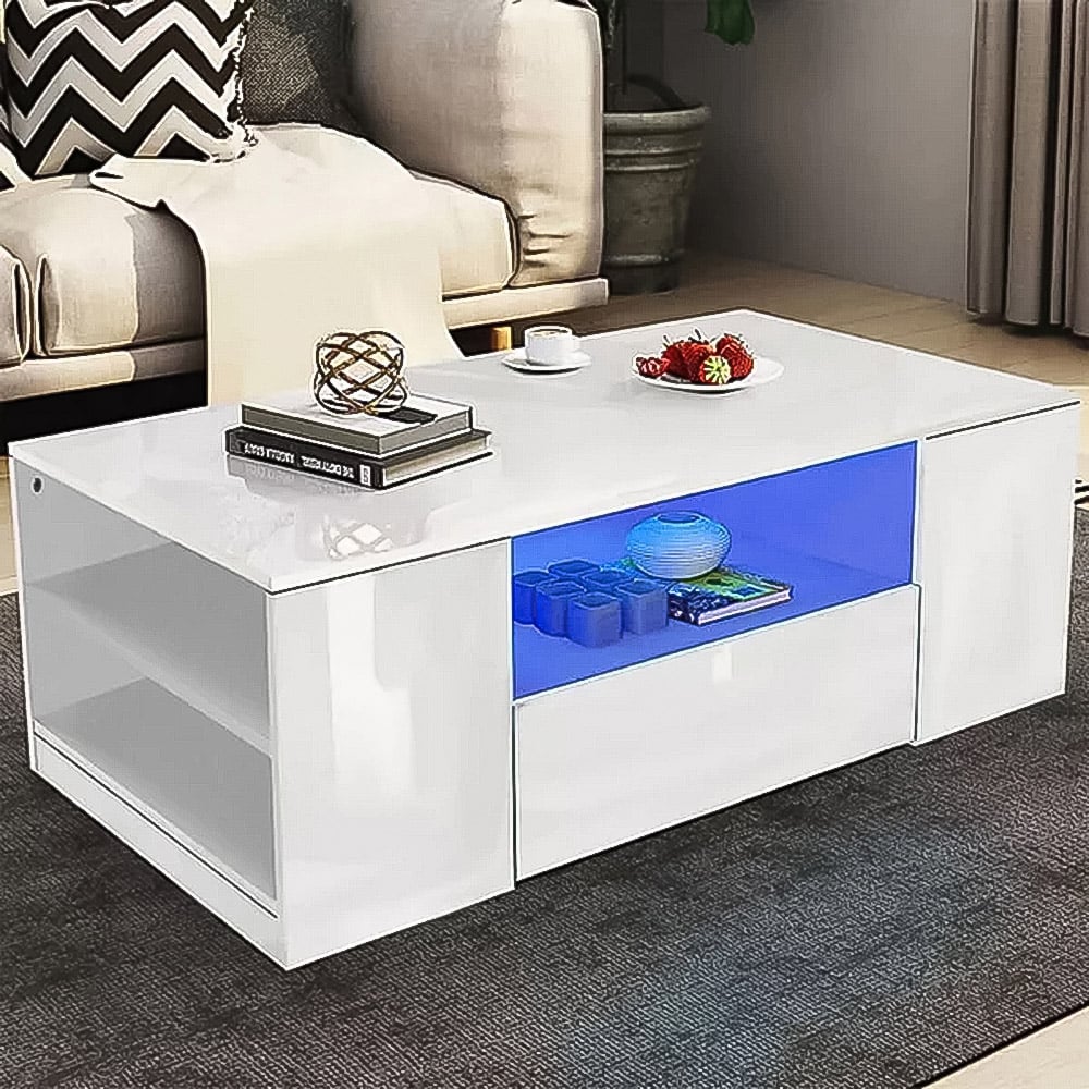 Comfy Living 5 Shelf 2 Drawer White High Gloss LED Coffee Table Image 1