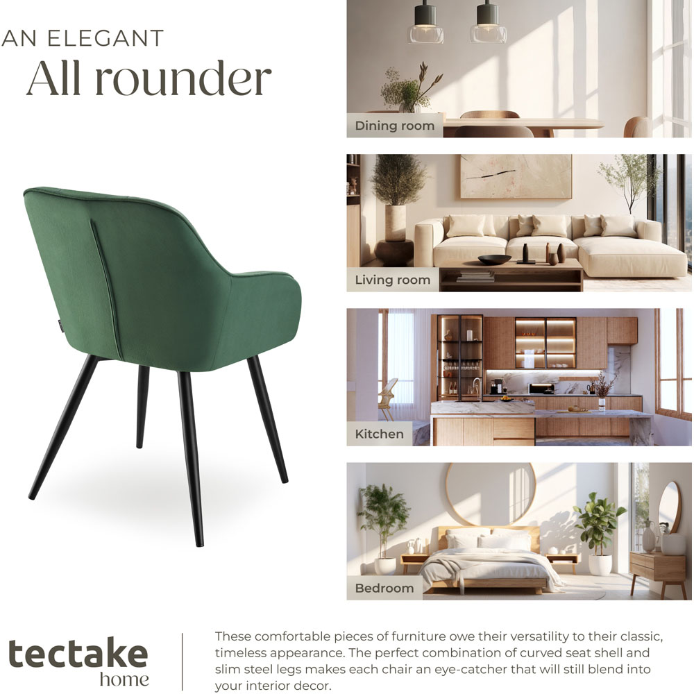 tectake Marilyn Set of 2 Dark Green and Black Quilted Velvet Dining Chair Image 7