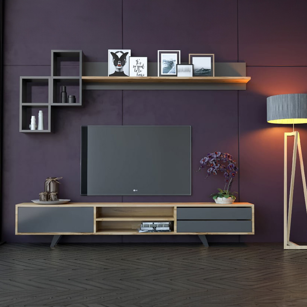 Evu Malmo Single Door 2 Drawer Anthracite Oak TV Unit Image 3