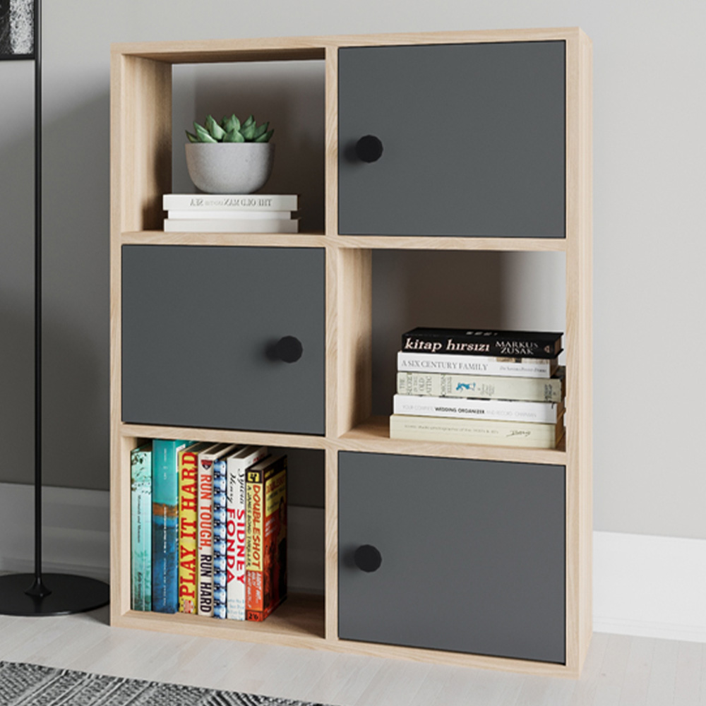 Decorotika Tilton 3 Door 3 Open Shelf Oak and Anthracite Bookcase Image 1