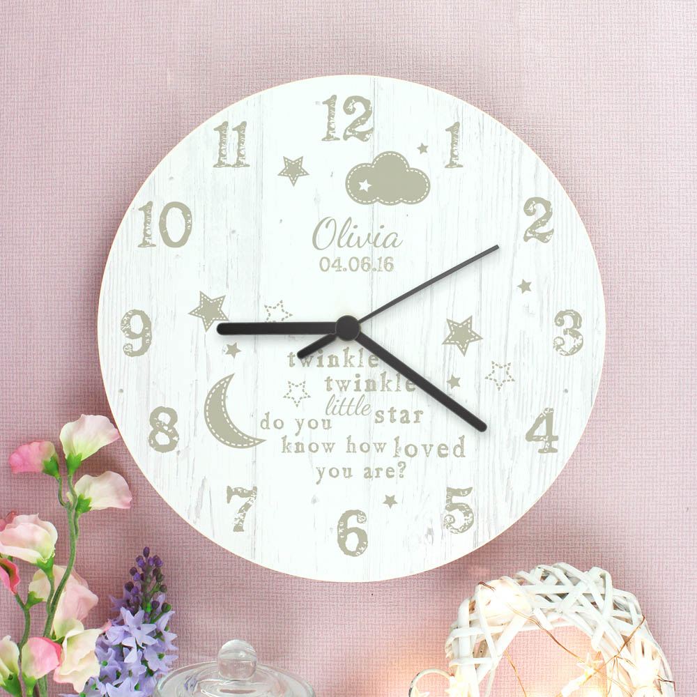 Personalised Memento Twinkle Twinkle Shabby Chic Large Wooden Clock Image 2