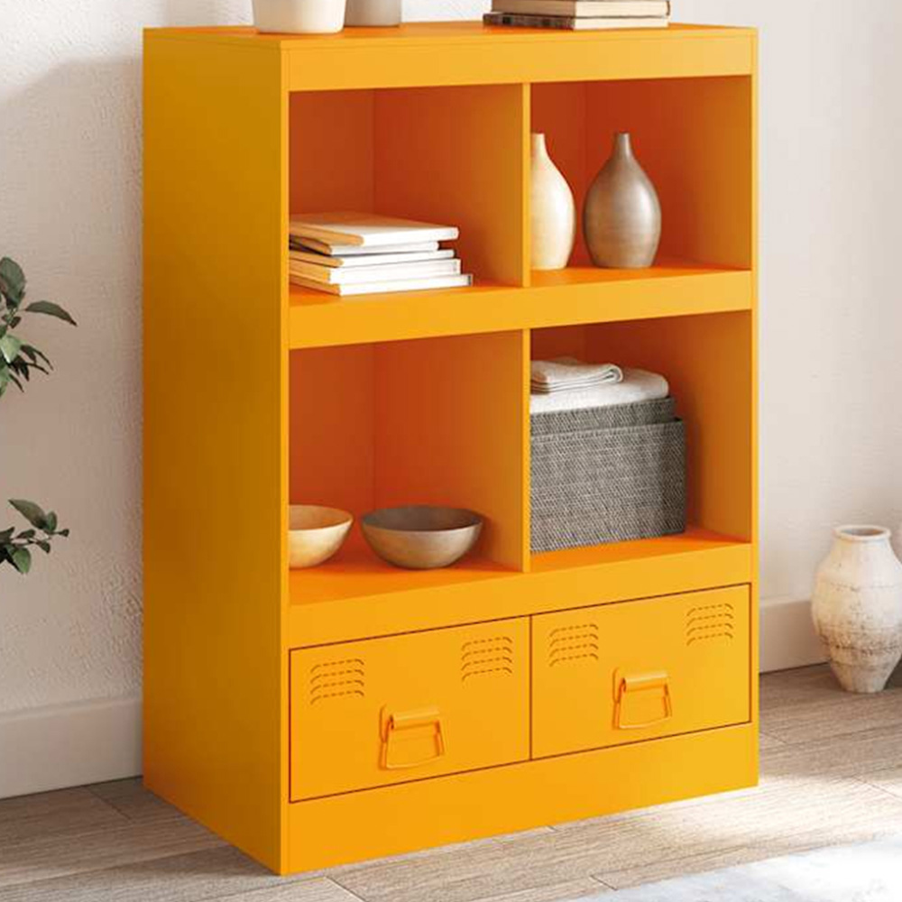 vidaXL 2 Drawer 4 Open Shelf Mustard Yellow Steel Highboard with Metal Handles Image 1