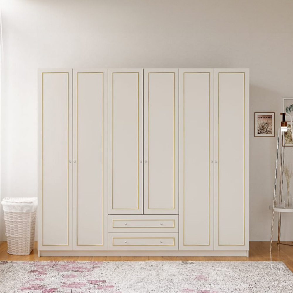 Evu MARIE 6 Door 2 Drawer Gold and White XL Wardrobe Image 5