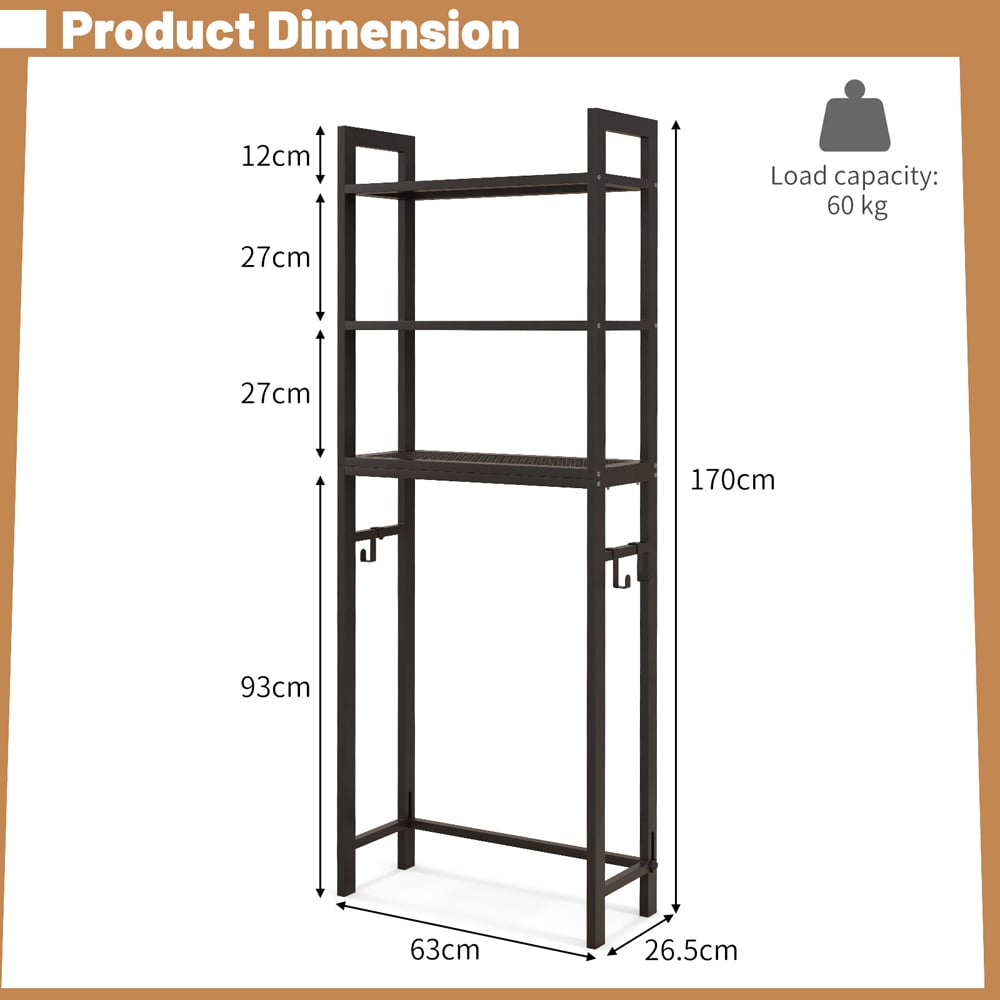 Costway 3 Shelf Brown Over The Toilet Storage Shelf with Hooks Image 9