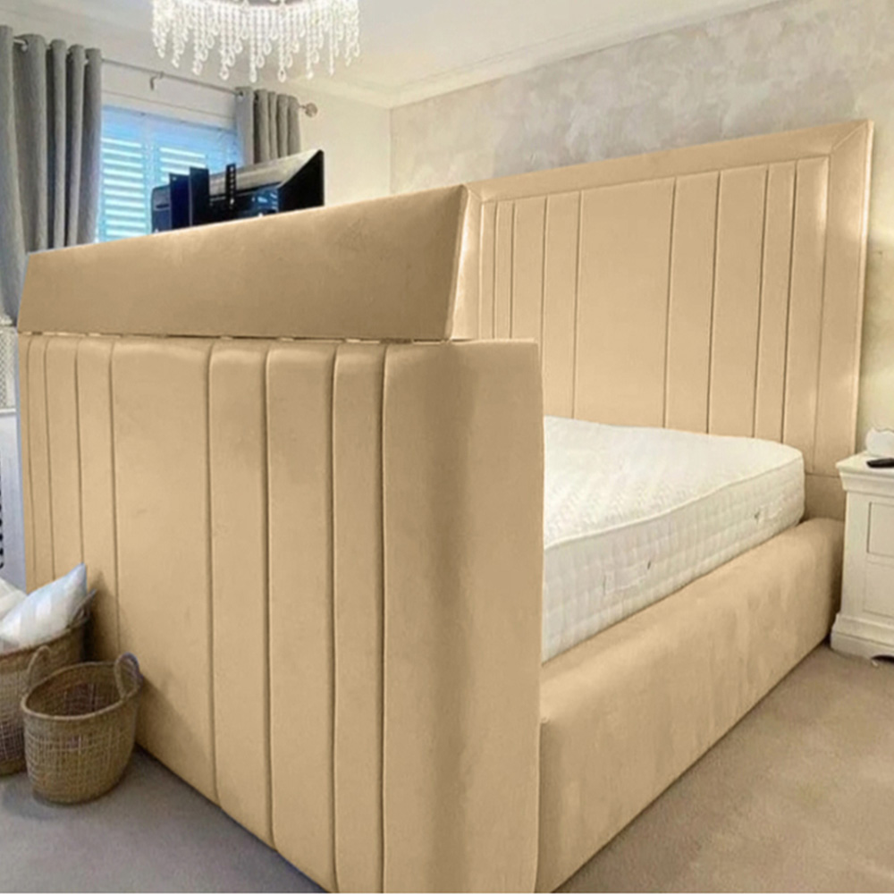 Eleganza Home Genna Double Beige Plush Velvet TV Bed Frame with Lined Headboard Image 1