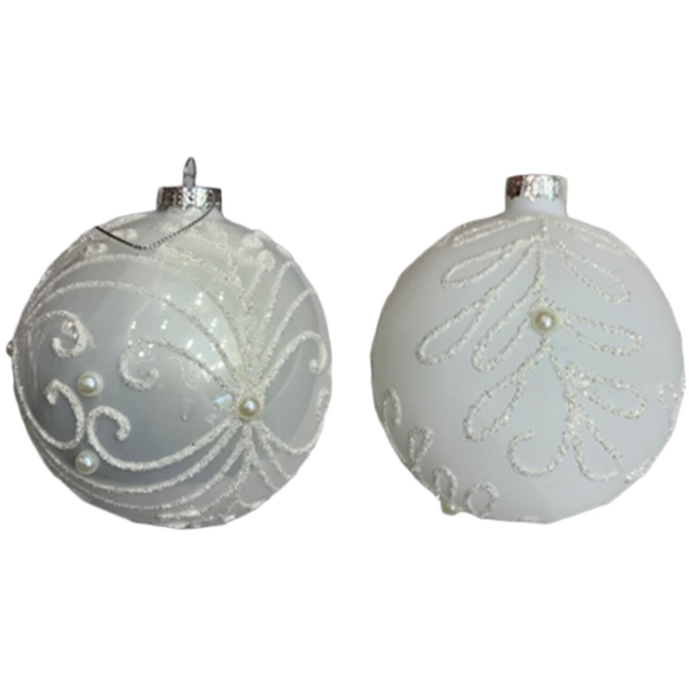 White Glitter Pearl Glass Bauble - White Image