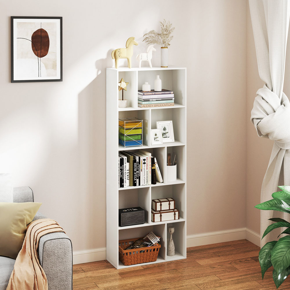 Costway 10 Shelf White Wooden Bookcase Image 4