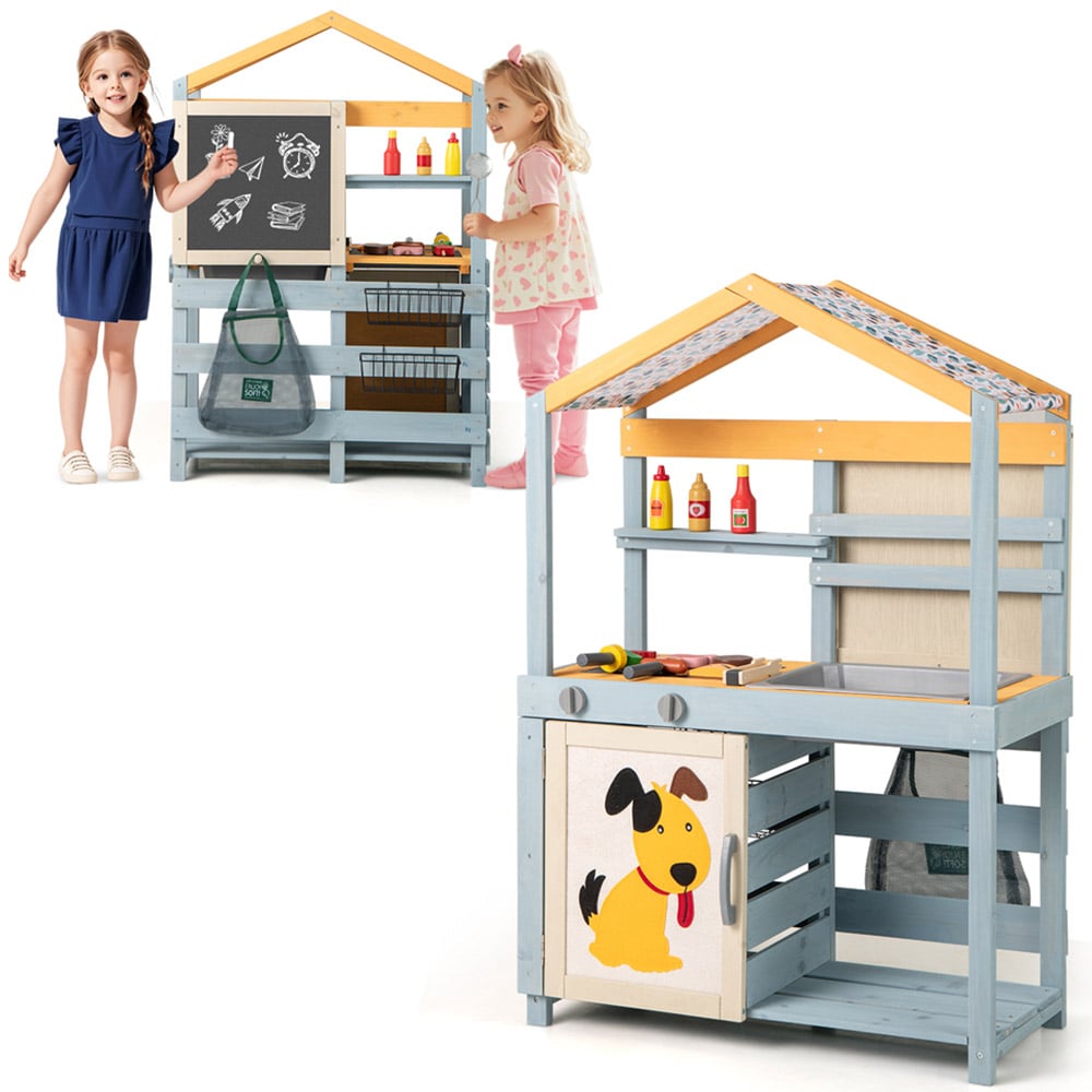 Costway 2-in-1 Grey Wooden Mud Kitchen and Grocery Store with Removable Sink Image 4