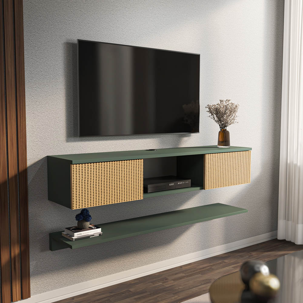 Decorotika Elia 2 Door Single Shelf Silva and Hazeran Floating TV Unit with Wall Shelf Image 3