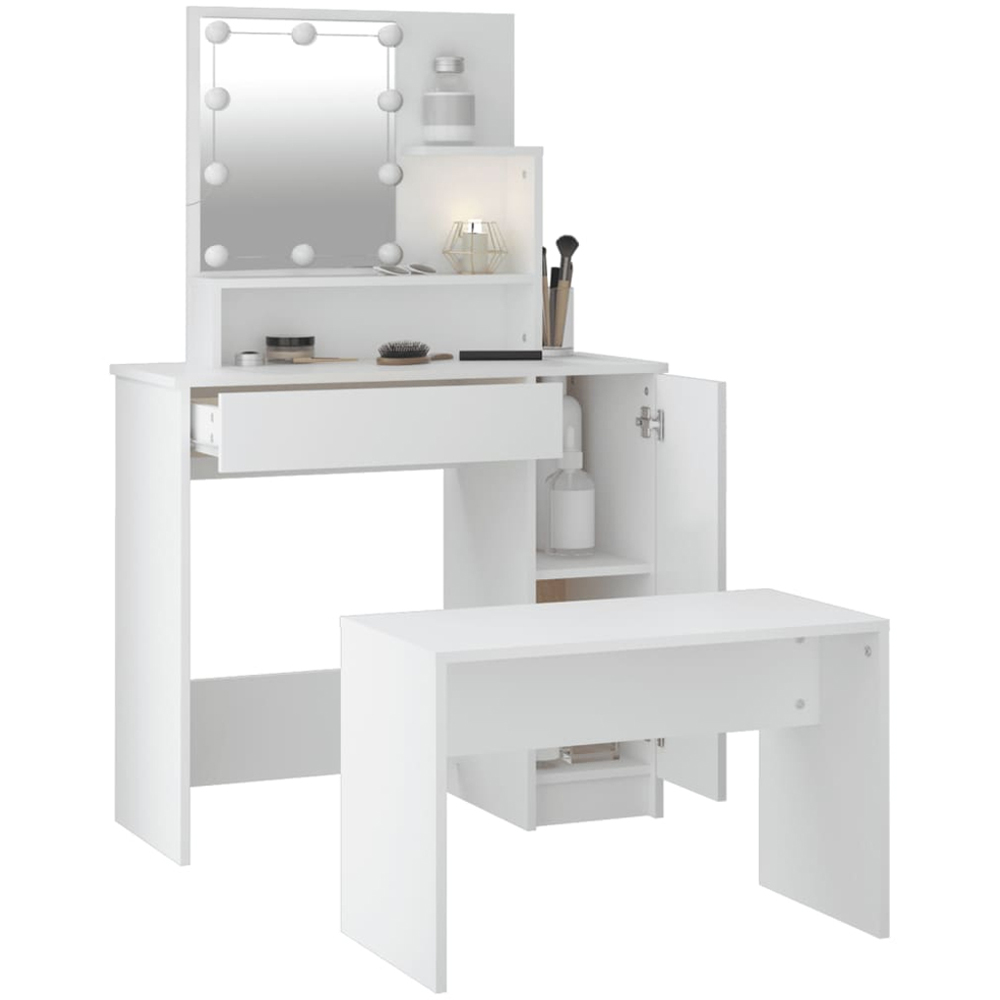 vidaXL White Dressing Table and Stool Set with LED Mirror Image 5