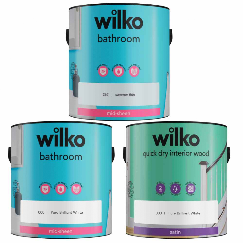 Wilko Bathroom Summer Tide and Pure Brilliant White Paint Bundle Image 1