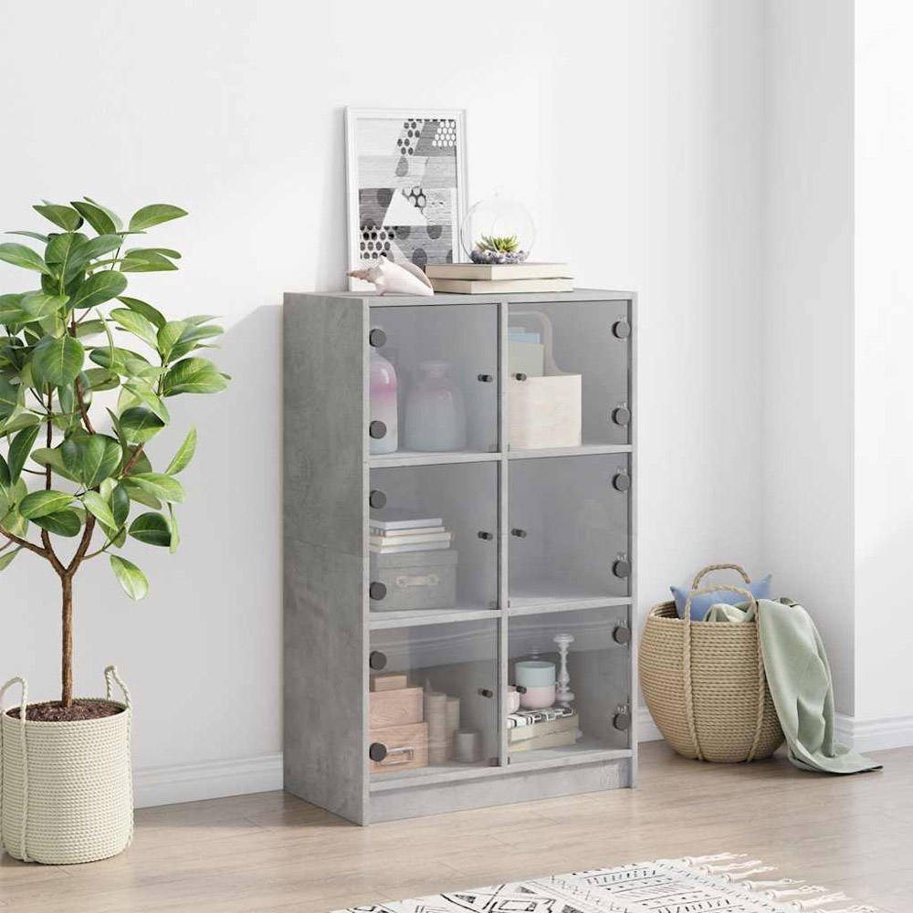 vidaXL 2 Glass Door 6 Shelf Concrete Grey Highboard Image 3