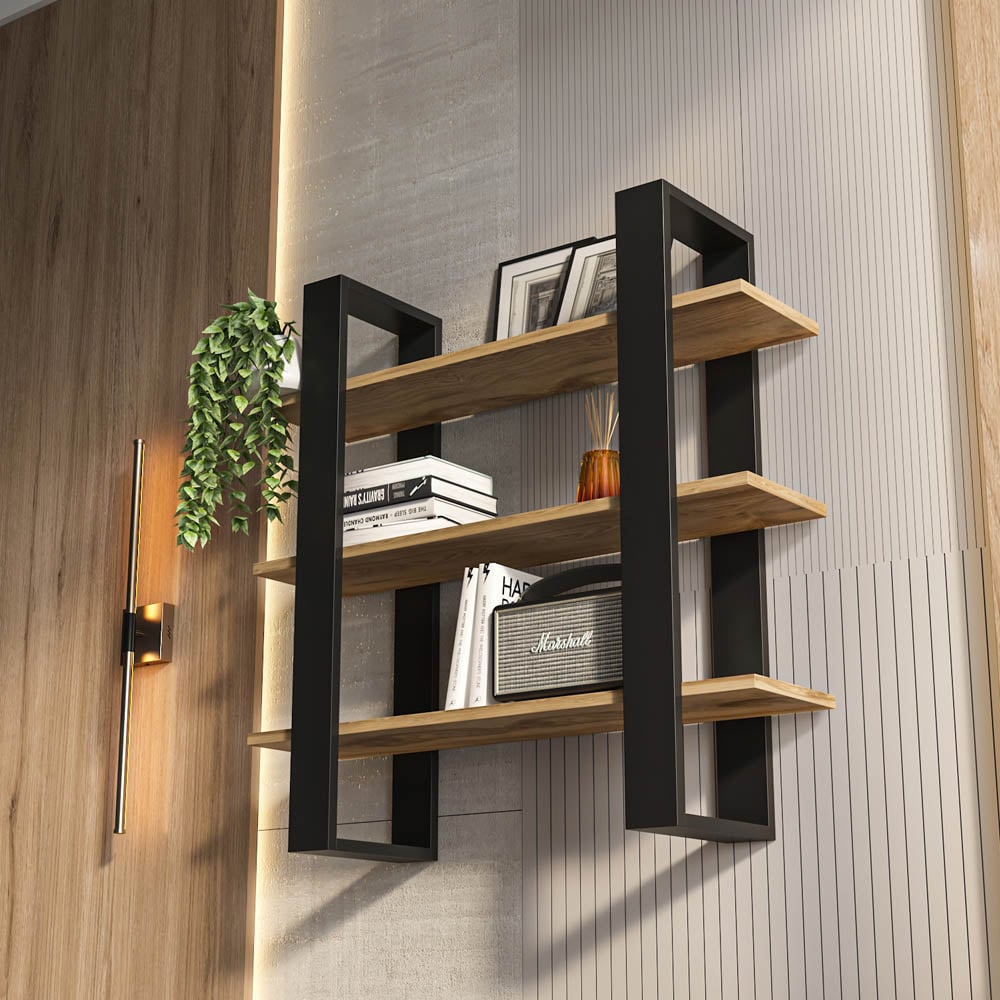 Decorotika Suno 3 Shelf Black and Oud Wall Mounted Display Unit Image 3