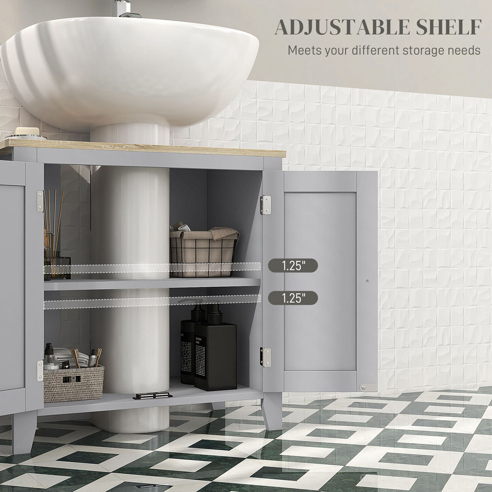Kleankin 2 Door Grey Bathroom Pedestal Under Sink Cabinet with Adjustable Shelf Image 5
