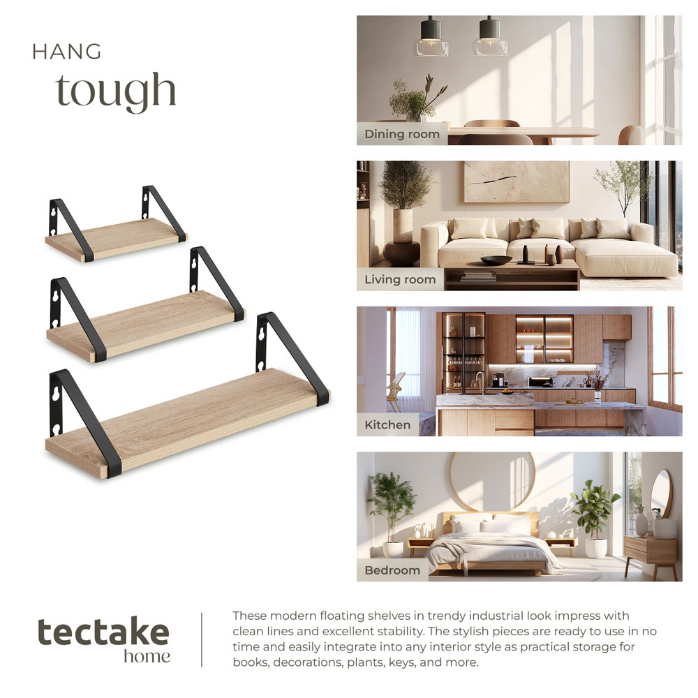 tectake Oak Wall Shelf with Decorative Metal Bracket Set of 3 Image 7