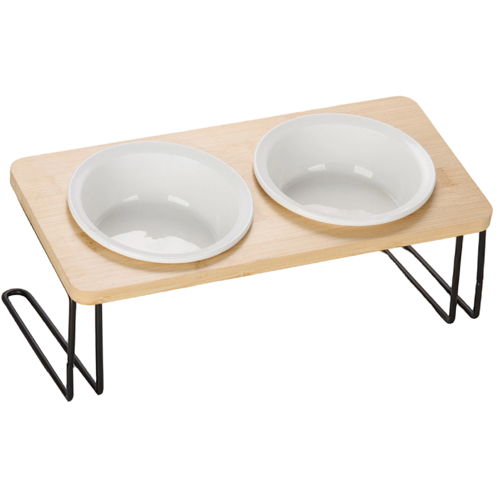 H&O Direct Wood Dual Ceramic Bowl Pet Feeder with Rack Image 1