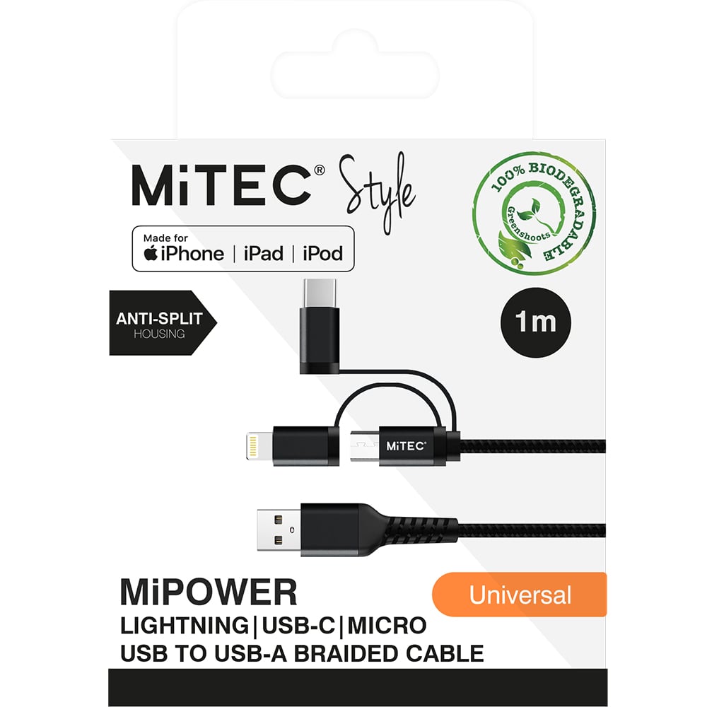 MiTEC MiPOWER Black Braided Lightning USB-C Micro USB to USB-A Cable 1m Image 2