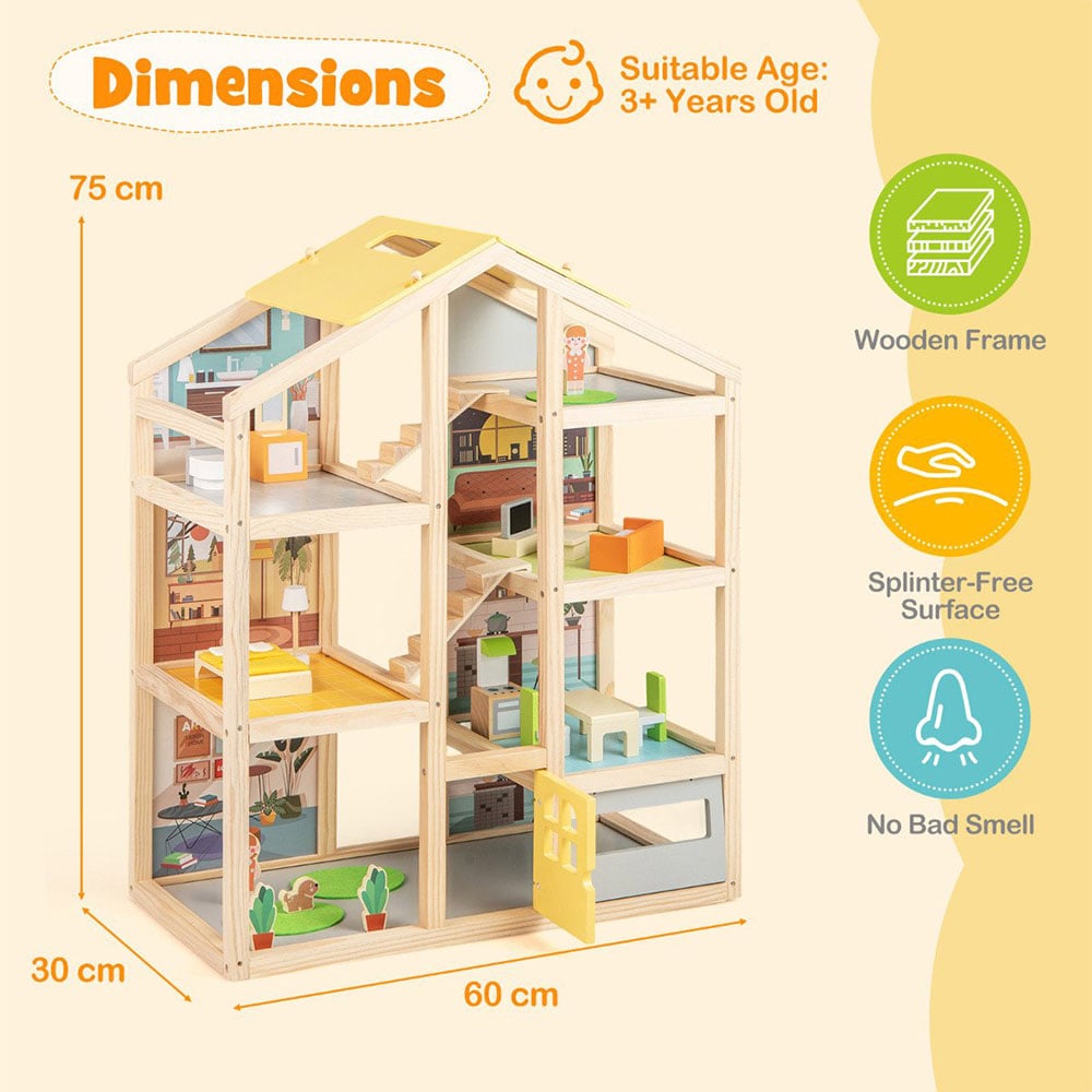 Costway Kids Yellow 18 Piece Wooden Dollhouse with 7 Rooms and Accessories Image 7