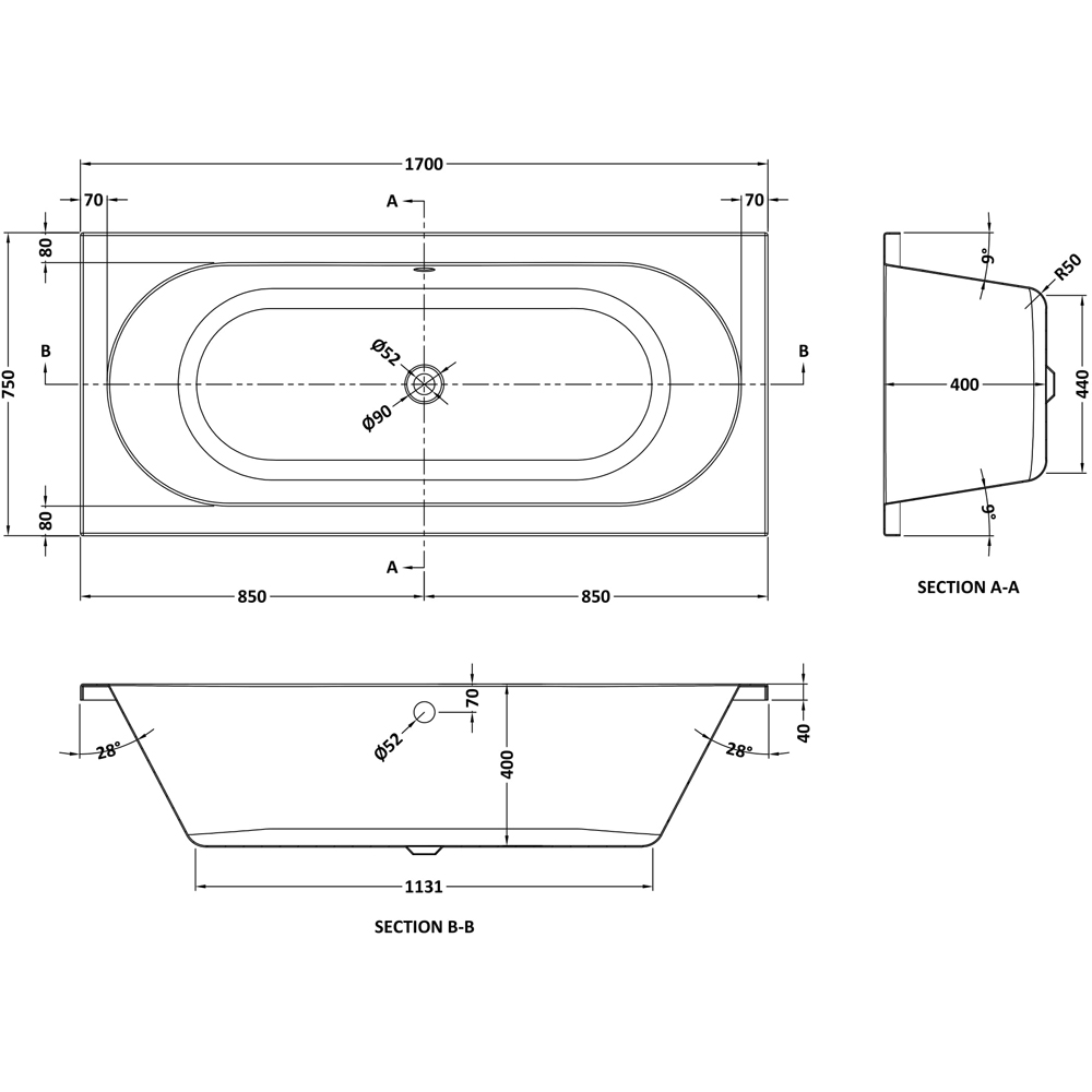 nuie Eternalite Round Double Ended Bath and Leg Set 1700 x 750mm Image 2