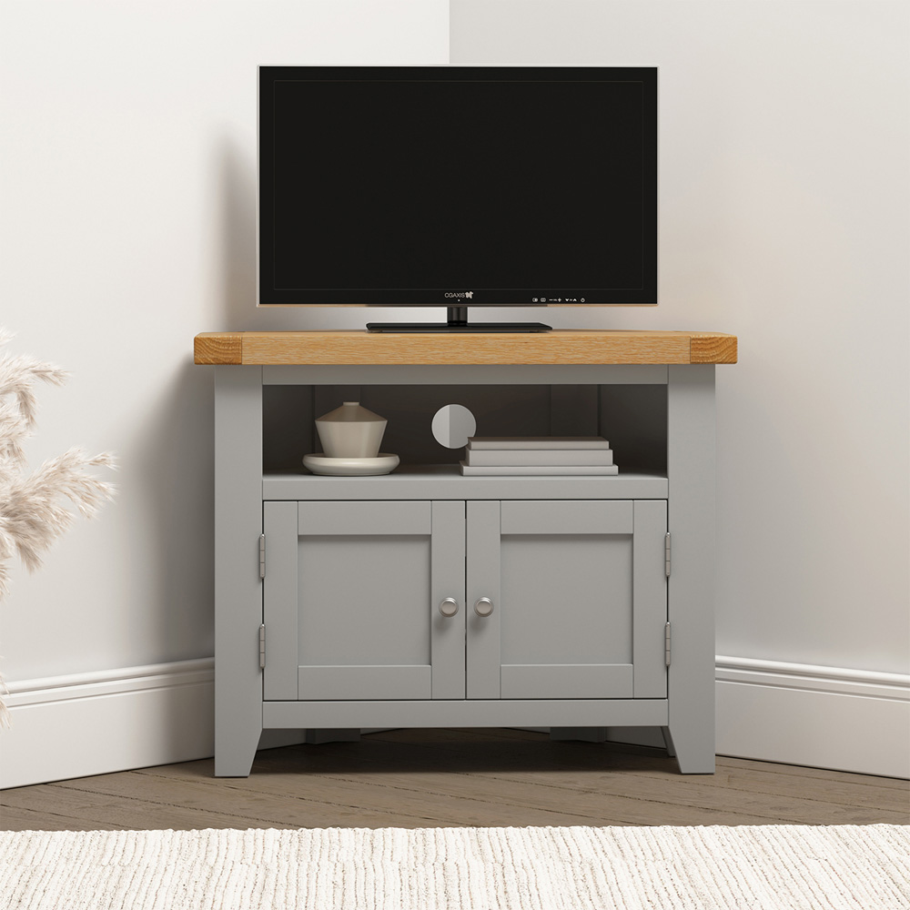 Seconique Windsor 2 Door Pebble Grey and Oak Corner TV Unit Image 8