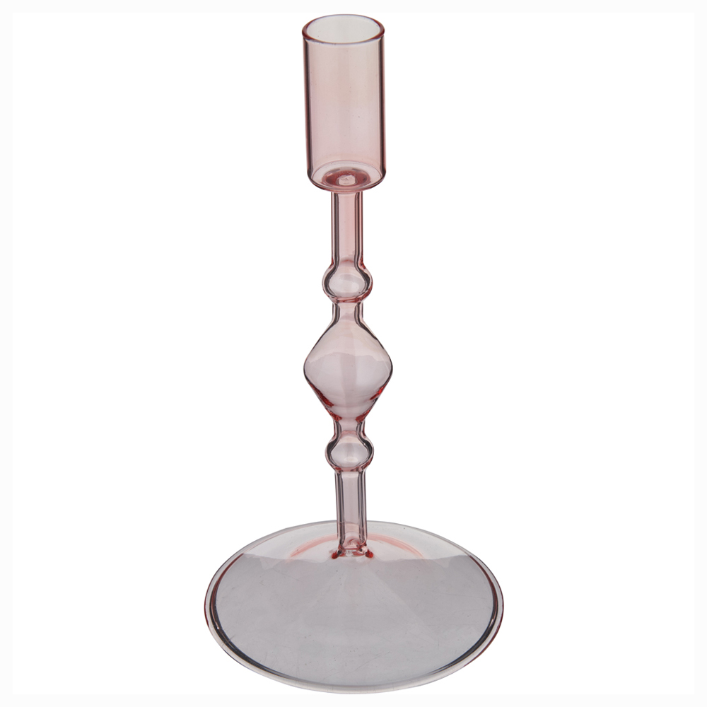 Wilko Pink Glass Taper Large Candle Holder Image 1