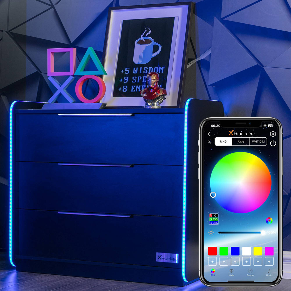 X Rocker Electra 3 Drawer Black Chest of Drawers with Neo Motion Sync App Controlled LED Light Image 2