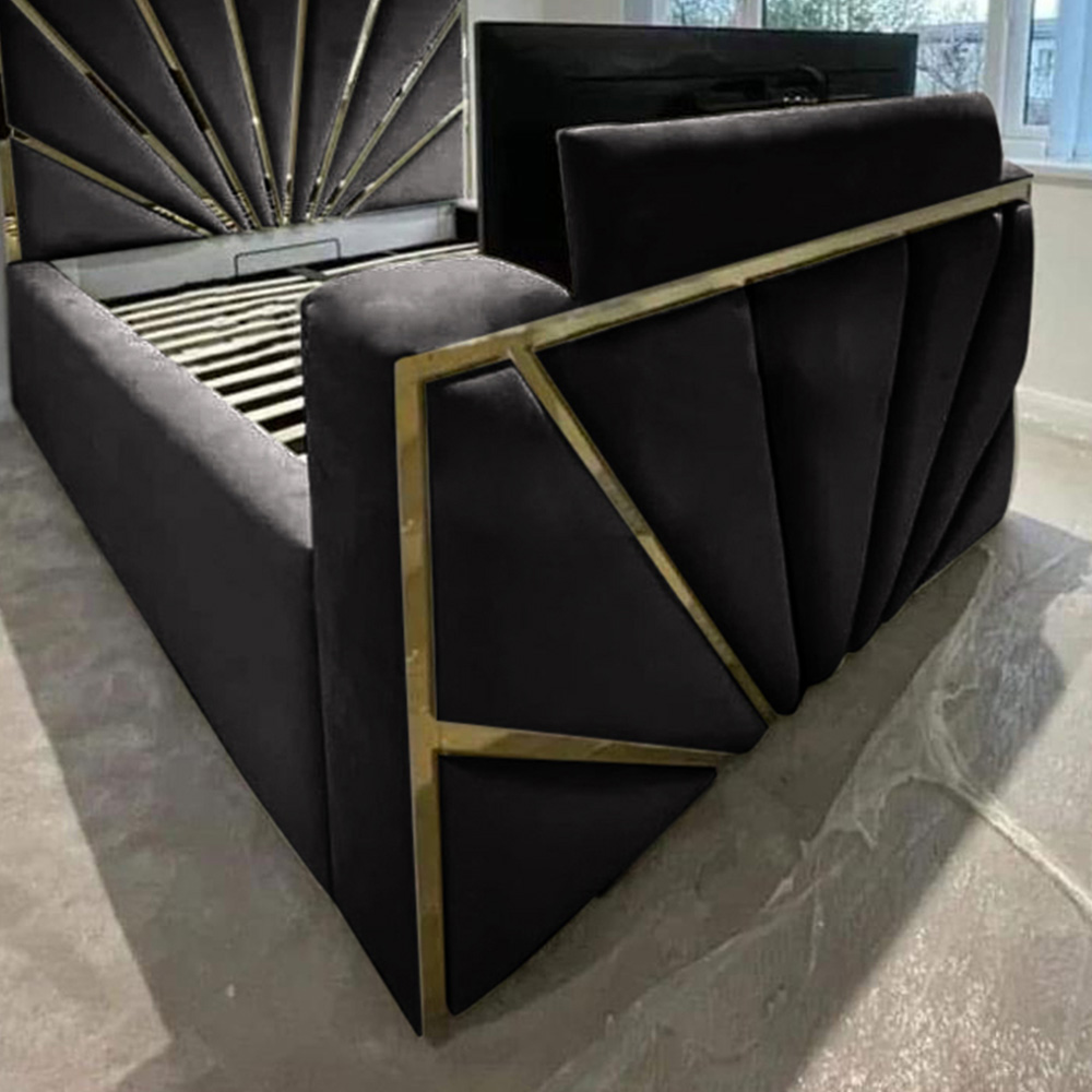 Eleganza Home Leniva King Size Black Plush TV Bed Frame with Headboard and Footboard Image 2