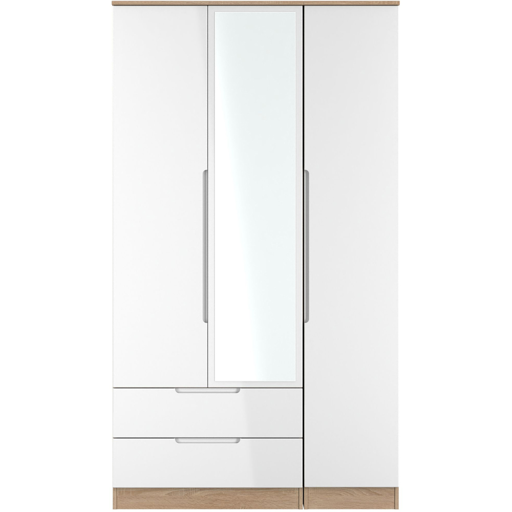 Crowndale Milan 3 Door 2 Drawer White Gloss Bardolino Oak Tall Mirrored Wardrobe Ready Assembled Image 2