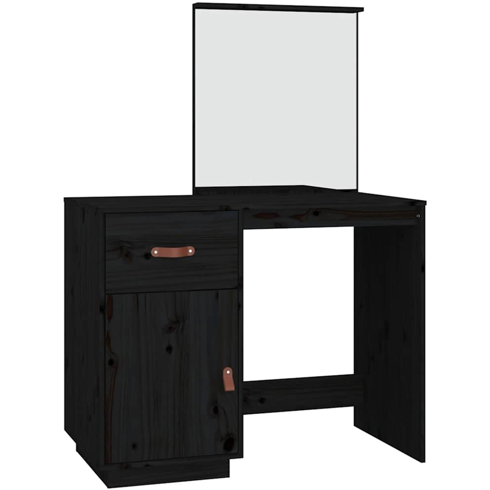 vidaXL Single Door Single Drawer Black Solid Wood Pine Dressing Table with Mirror Image 2