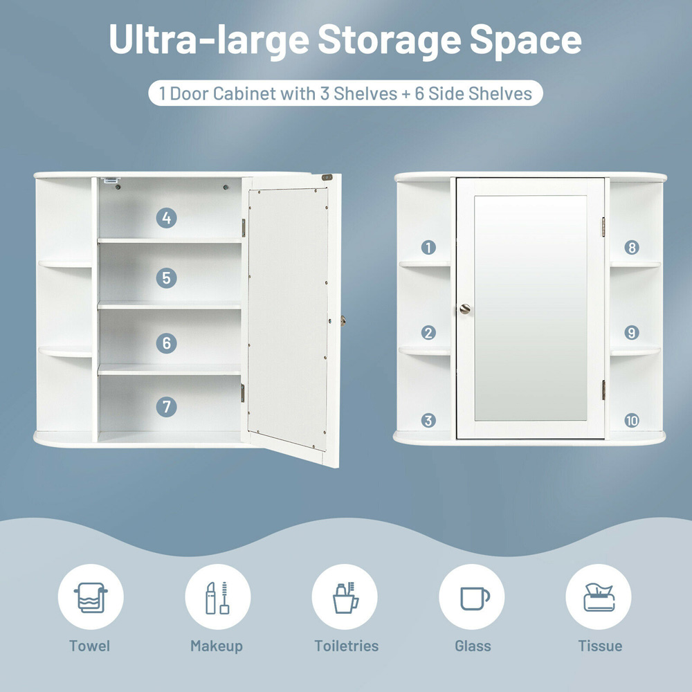 Costway Single Door 6 Shelf White Mirrored Wall Mounted Bathroom Cabinet Image 5