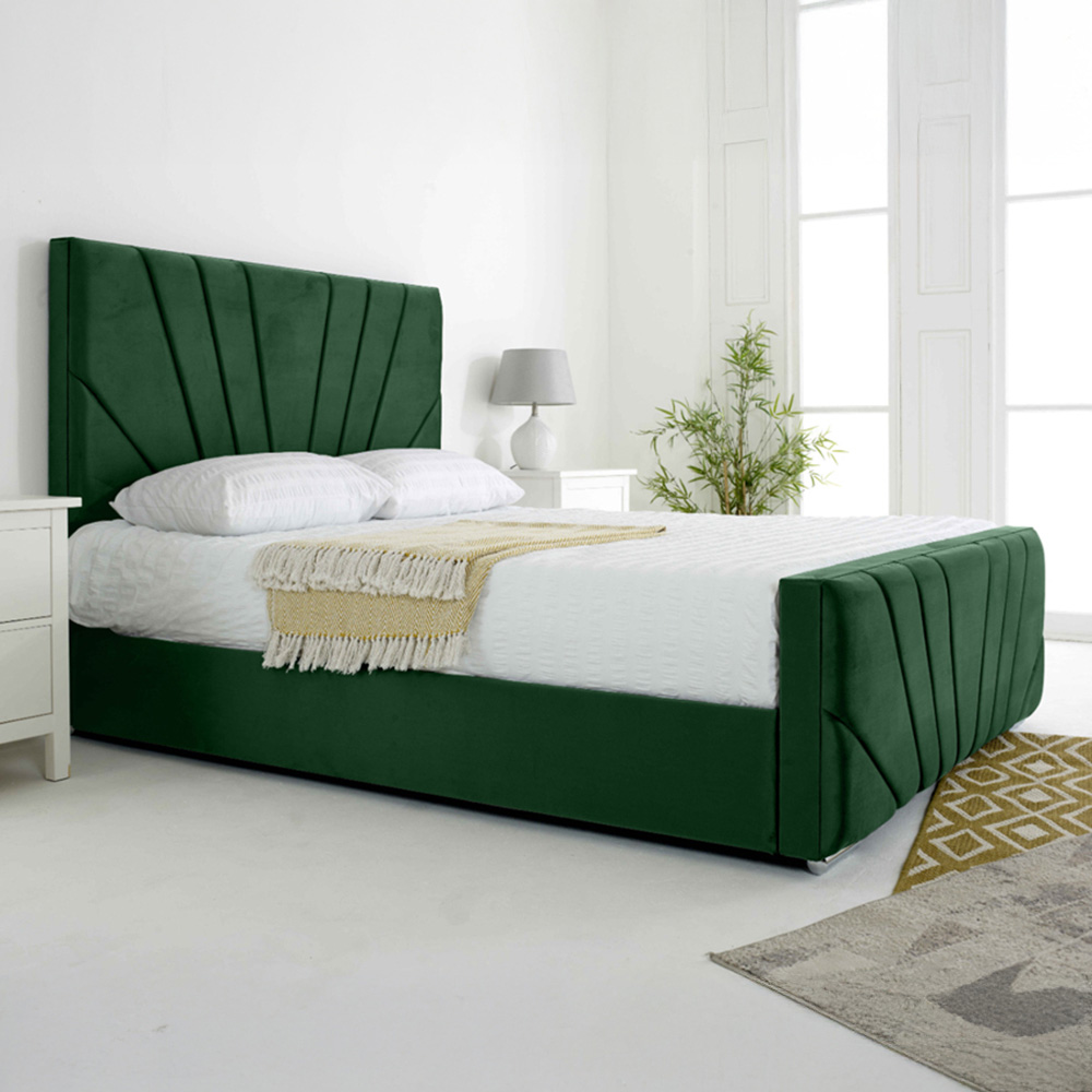 Eleganza Scarlett Double Green Plush Velvet Bed Frame with Headboard and Footboard Image 1