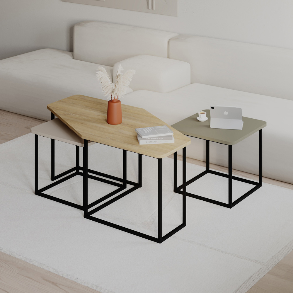 Decortie Nesty Oak Sandstone Ash Green Modern Nest of Coffee Tables Set of 3 Image 5