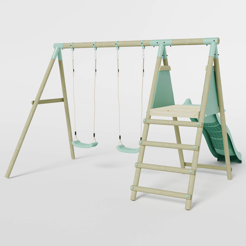 Mercia Wooden Round Pole Double Swing Set with Slide Image 4