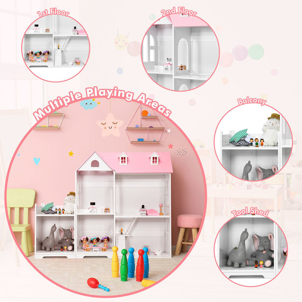 Costway Pink Large Wooden Dolls House Image 7