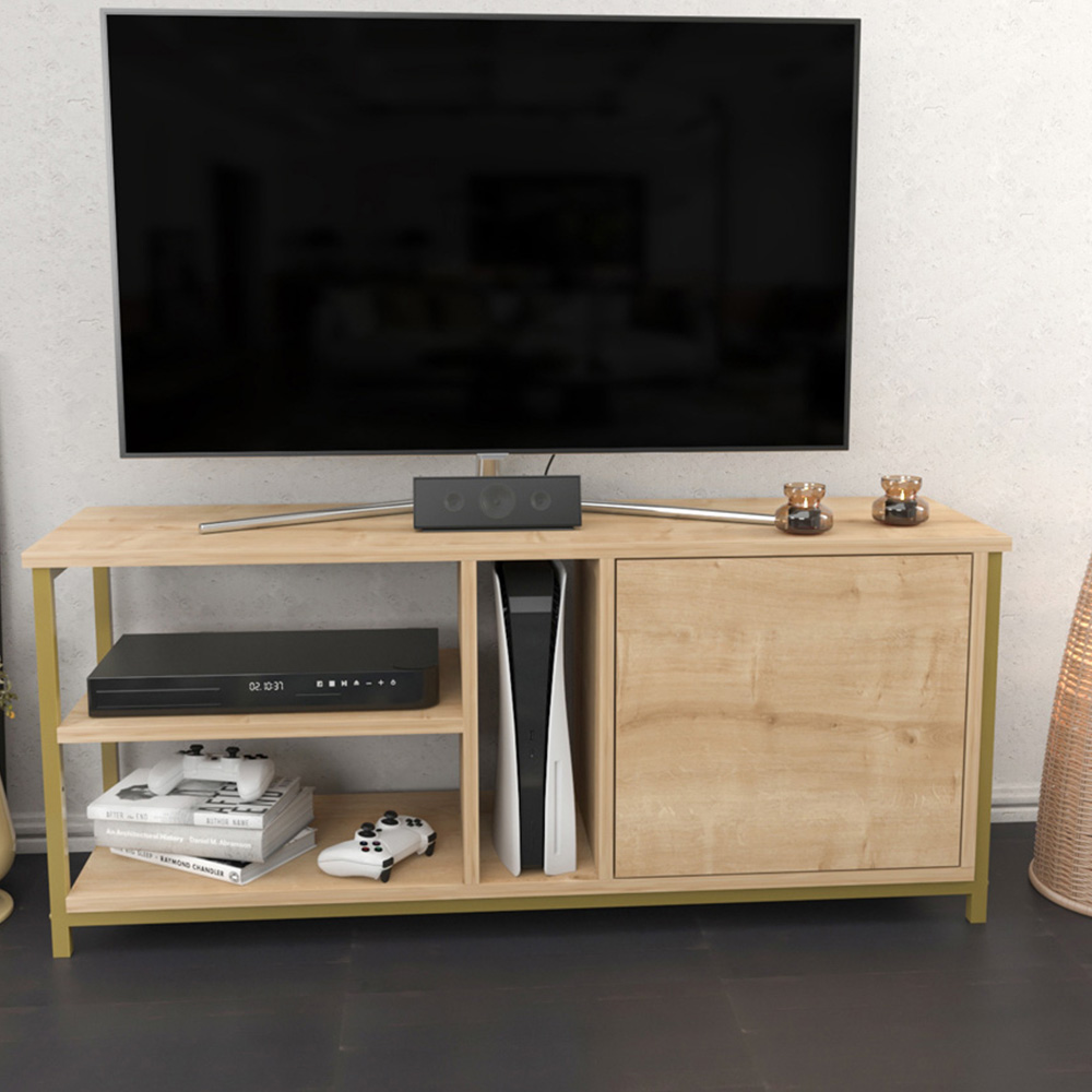 Decorotika Neola Single Door 3 Shelf Yellow and Oak TV Unit Image 1