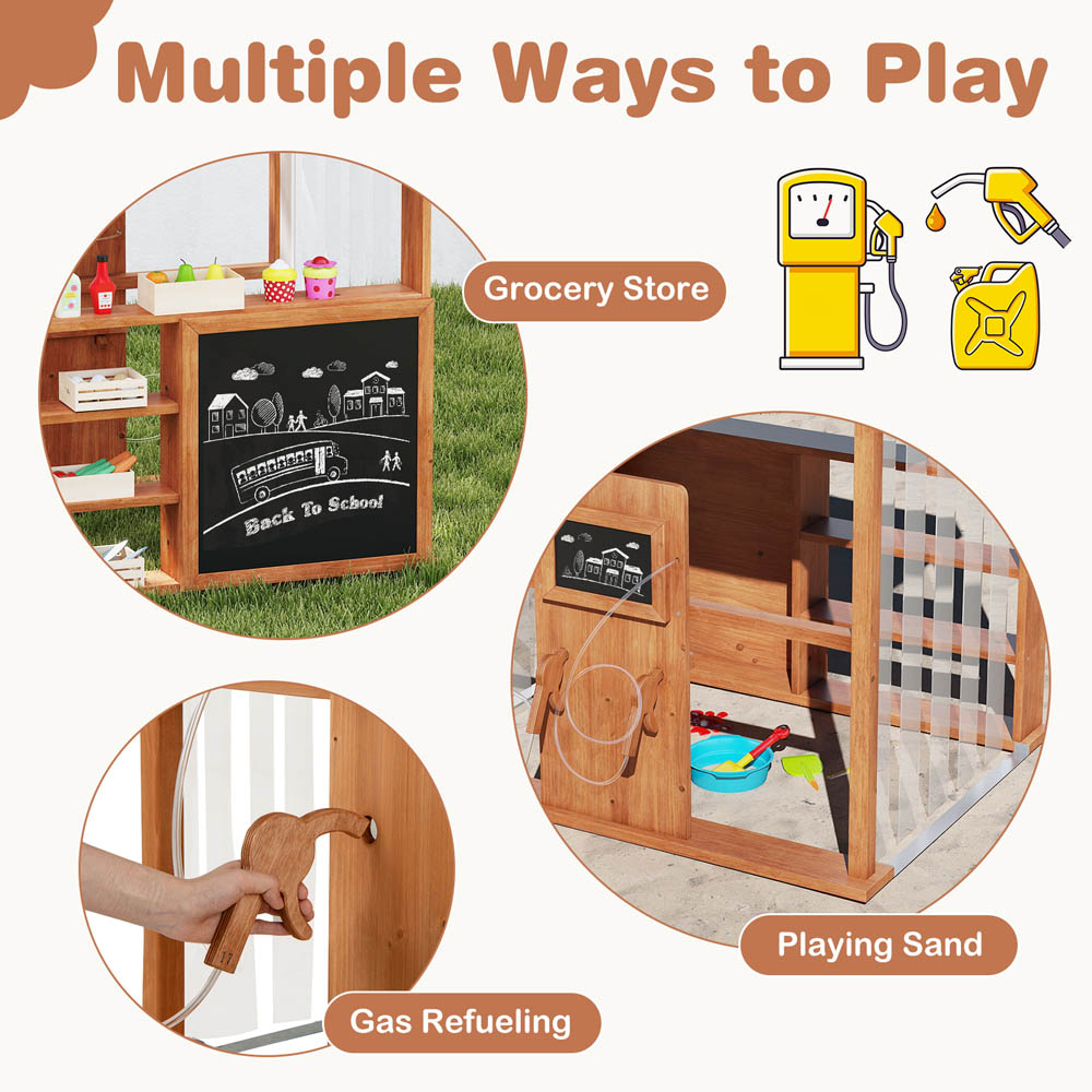 Costway Kids Natural Wooden Outdoor Gas Station Play Set with Canopy and Simulation Refuelling Guns Image 5
