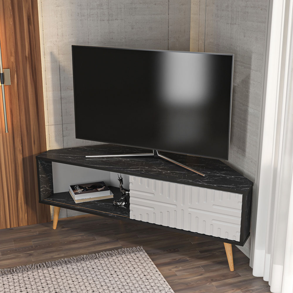 Decorotika Mora Single Sliding Door Bendire and White Corner TV Unit Image 5