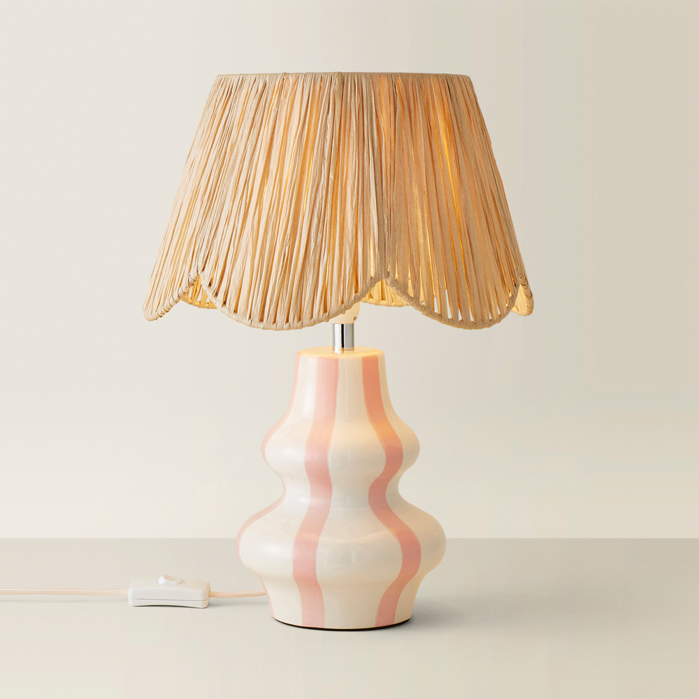 ValueLights Perrie Raffia Lamp Shade Ceramic Pink Stripe LED Table Lamp Image 3